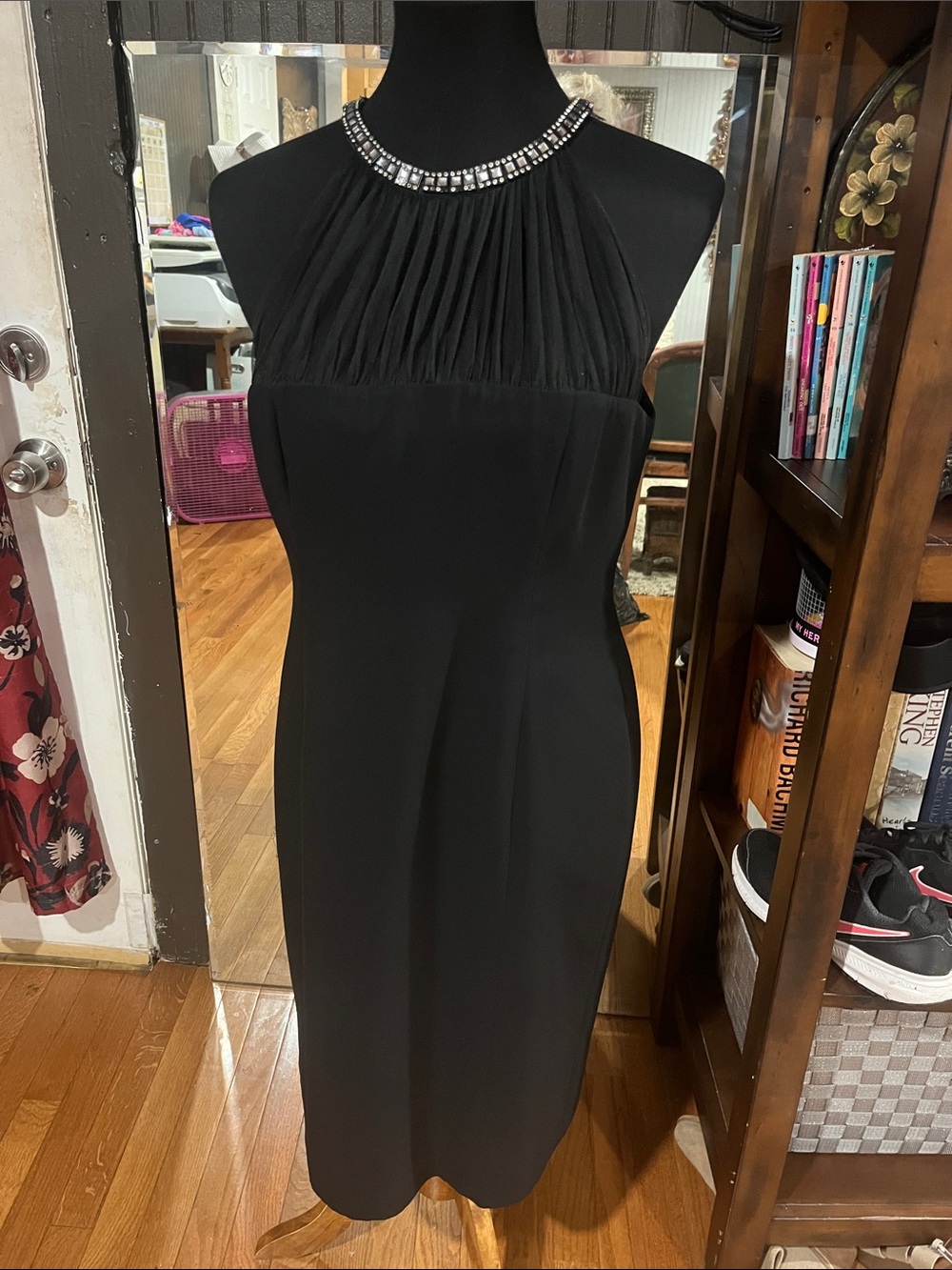 Evan Picone Black Halter Midi Dress with Beaded Neckline